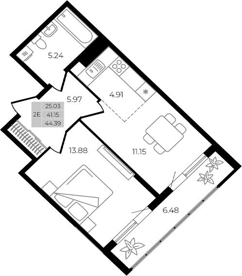2-комн., 41.15 м², 3/8 этаж, ЖК «Курортный регион»