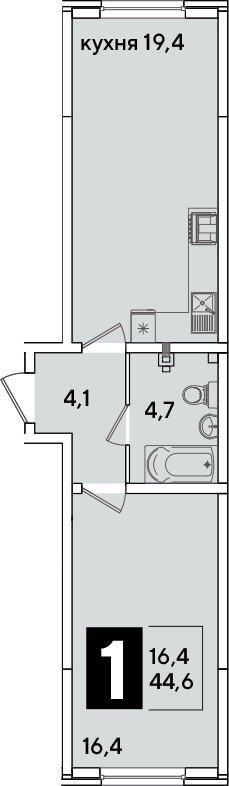 2-комн., 44.6 м², 1/16 этаж, ЖК «Самолет»