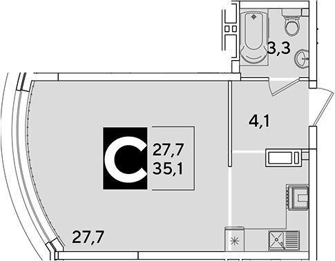 Студия, 35.1 м², 15/16 этаж, ЖК «Самолет»