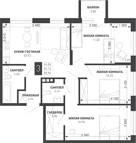 3-комн., 80.37 м², 7/9 этаж, ЖК «Иначе в Молодежном»