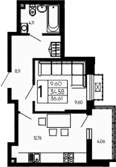 Продается 1-комн. квартира, 34.58 м²