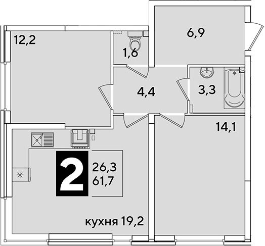 3-комн., 61.7 м², 2/16 этаж, ЖК «Самолет»
