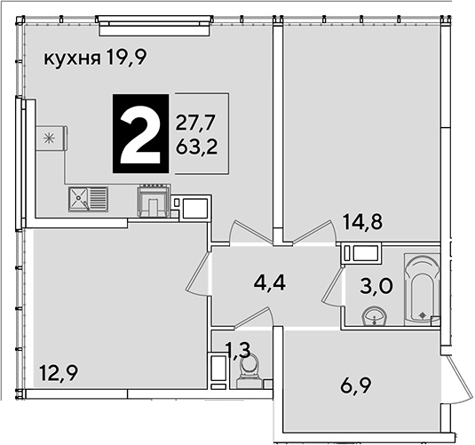 3-комн., 63.2 м², 16/16 этаж, ЖК «Самолет»