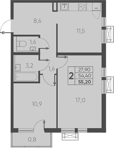 2-комн., 54.4 м², 17/24 этаж, ЖК «Барса»