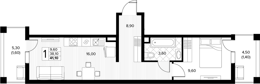 1-комн., 38.1 м², 1/7 этаж, ЖК «Кипарис»