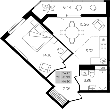 2-комн., 41.08 м², 1/8 этаж, ЖК «Курортный регион»