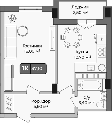 1-комн., 35.7 м², 1/9 этаж, ЖК «Опера»