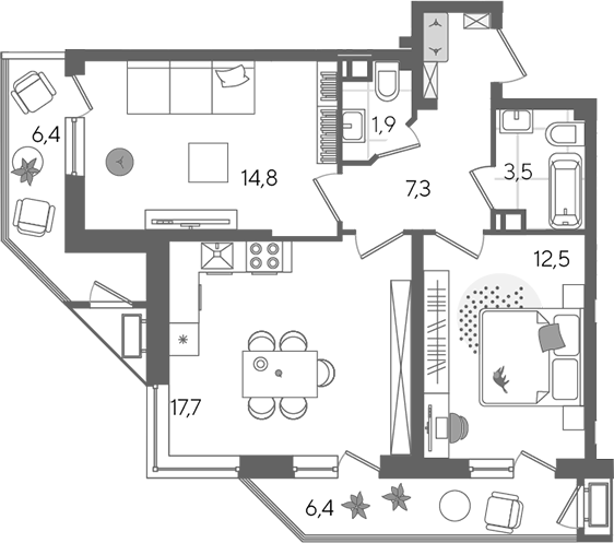 3-комн., 57.7 м², 7/24 этаж, ЖК «Рекорд»