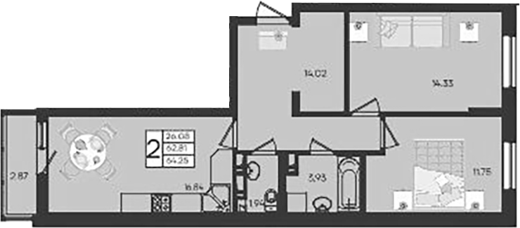 2-комн., 62.81 м², 4/9 этаж, ЖК «Дом 101»