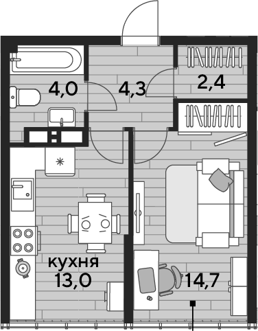 1-комн., 38.4 м², 16/16 этаж, ЖК «DОГМА ПАРК»