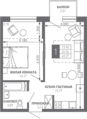 1-комн., 42.1 м², 8/9 этаж, ЖК «Иначе в Молодежном»
