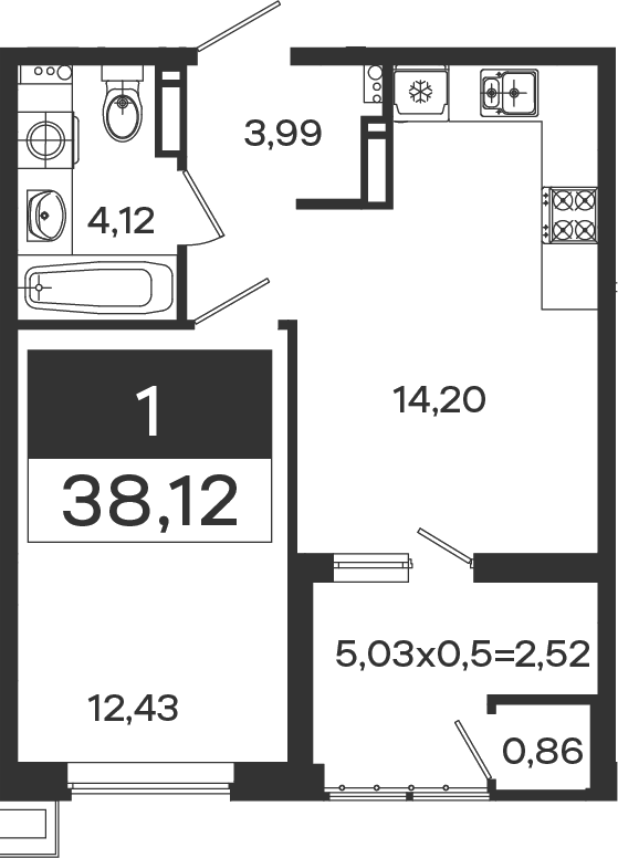 1-комн., 34.74 м², 13/18 этаж, ЖК «Образцово»