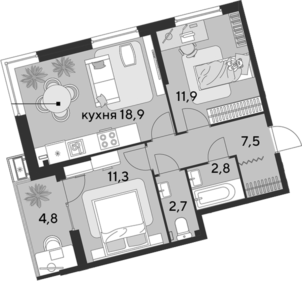 3-комн., 55.1 м², 2/18 этаж, ЖК «Парк Победы»