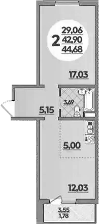 1-комн., 42.9 м², 1/8 этаж, ЖК «Молодежный 2»