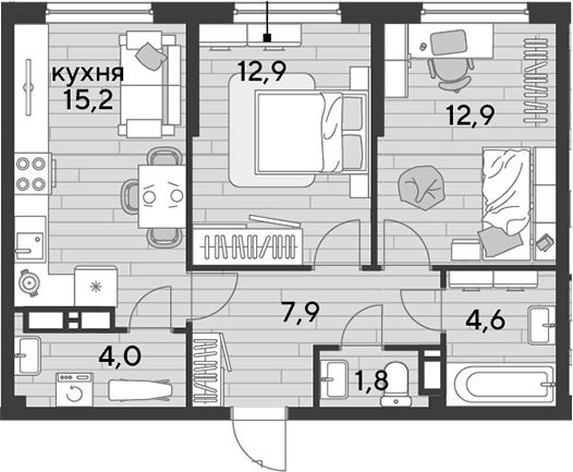 2-комн., 59.3 м², 12/16 этаж, ЖК «DОГМА ПАРК»