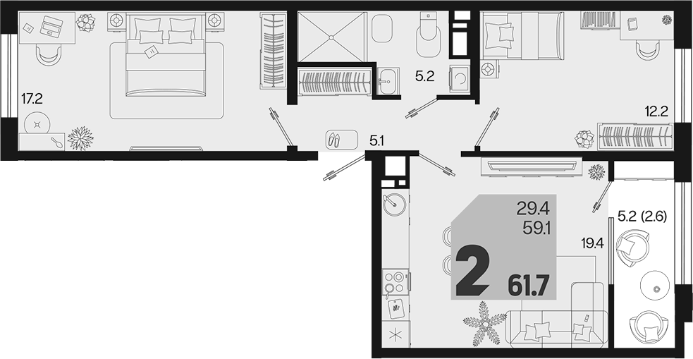 Продается 2-комн. квартира, 59.1 м²