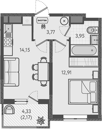 1-комн., 34.78 м², 11/18 этаж, ЖК «Теплые края»