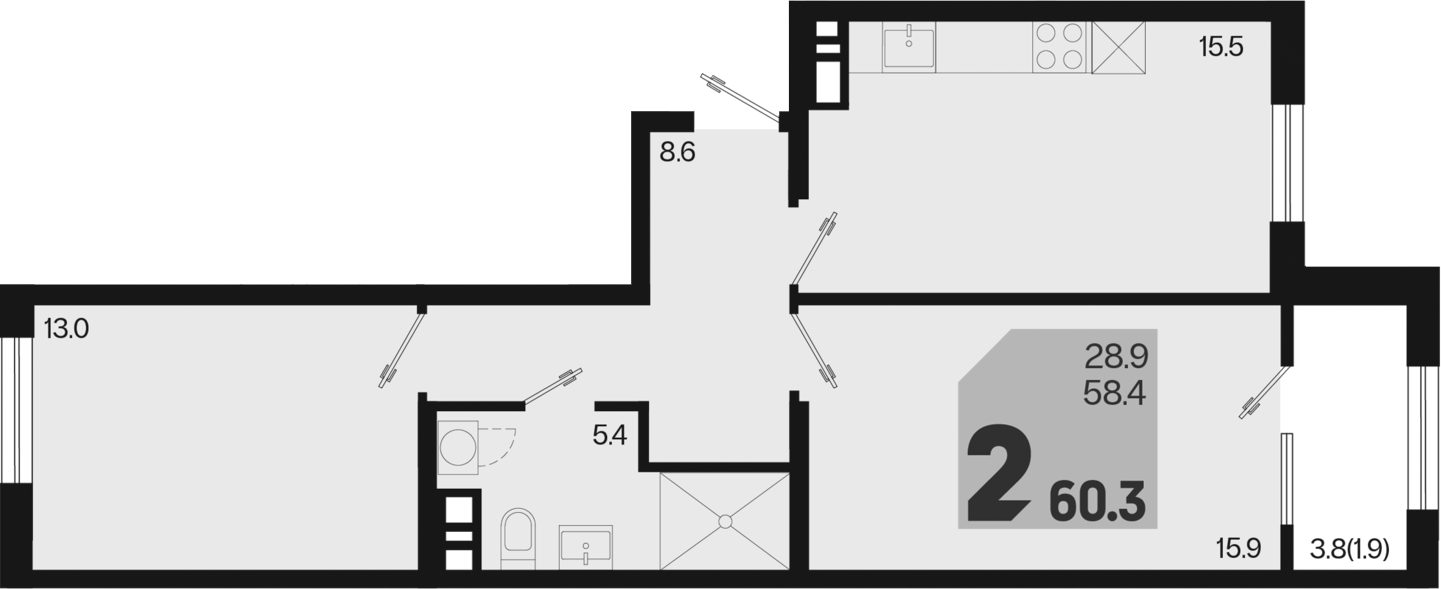 Продается 2-комн. квартира, 58.4 м²