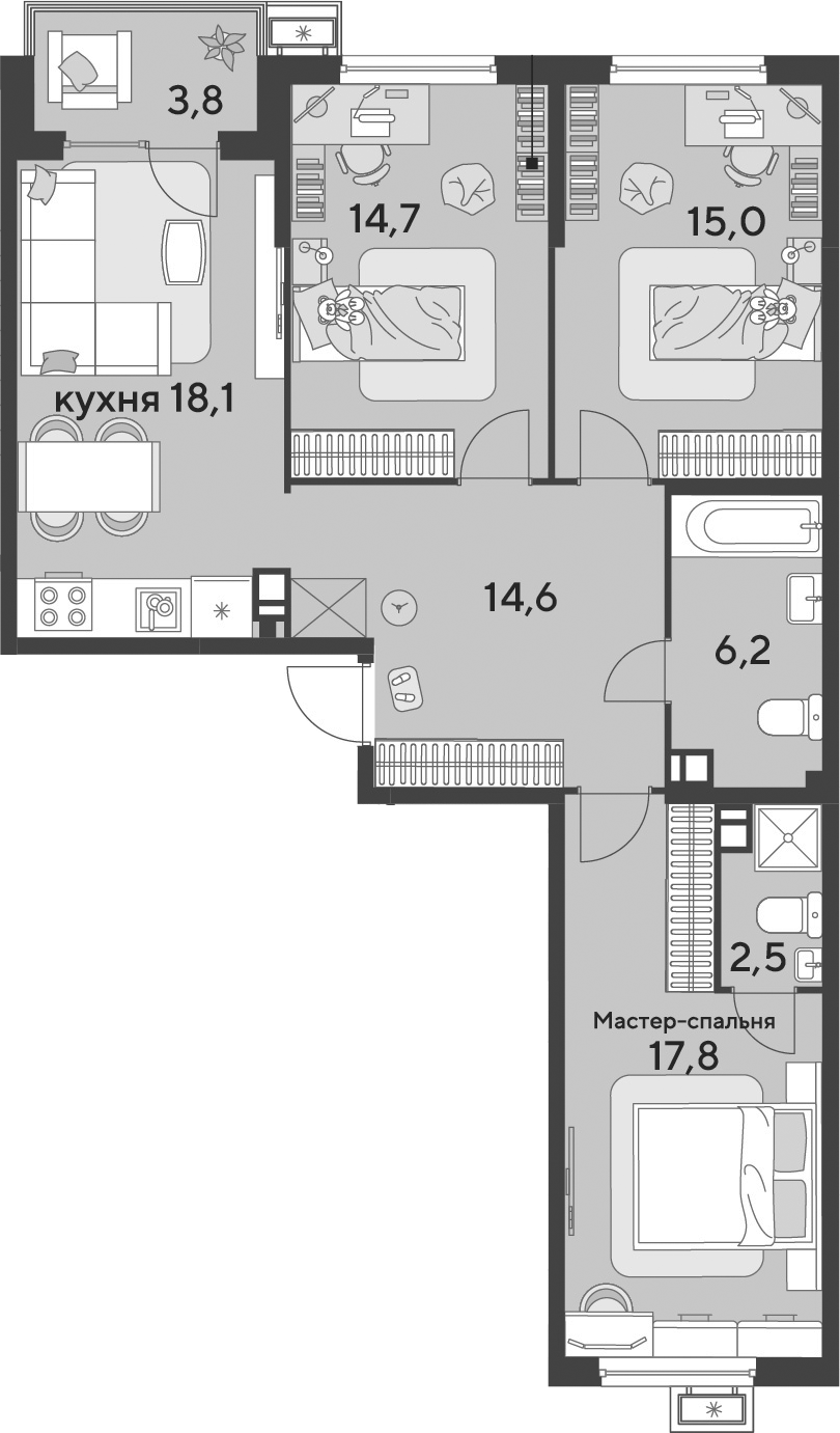 4+ комнаты, 88.9 м², 6/9 этаж, ЖК «Парк Победы»