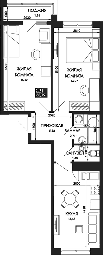 2-комн., 52.55 м², 3/12 этаж, ЖК «Вершины. ГК Смена»