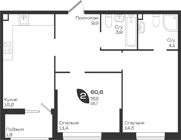 2-комн., 58.8 м², 2/9 этаж, ЖК «Ботаника»