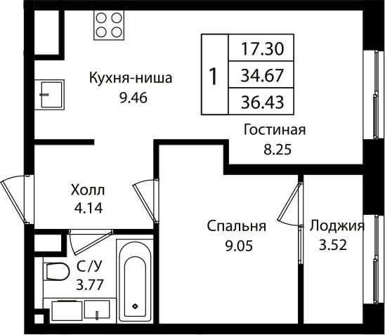 2-комн., 34.44 м², 18/18 этаж, ЖК «Патрики»