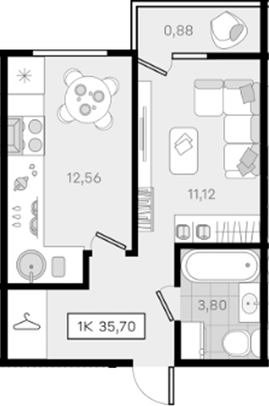 1-комн., 34.82 м², 6/8 этаж, ЖК «История 3»