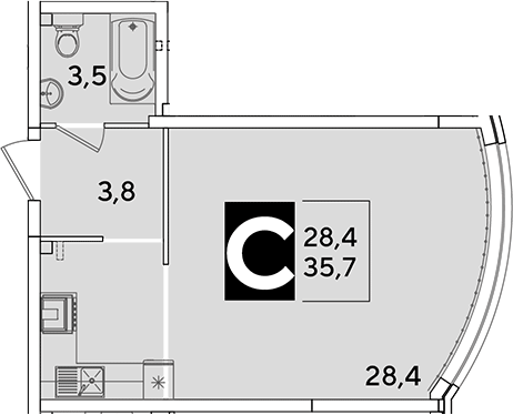 Студия, 35.7 м², 1/16 этаж, ЖК «Самолет»
