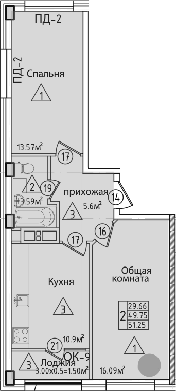 2-комн., 51.2 м², 2/9 этаж, ЖК «Курганная»