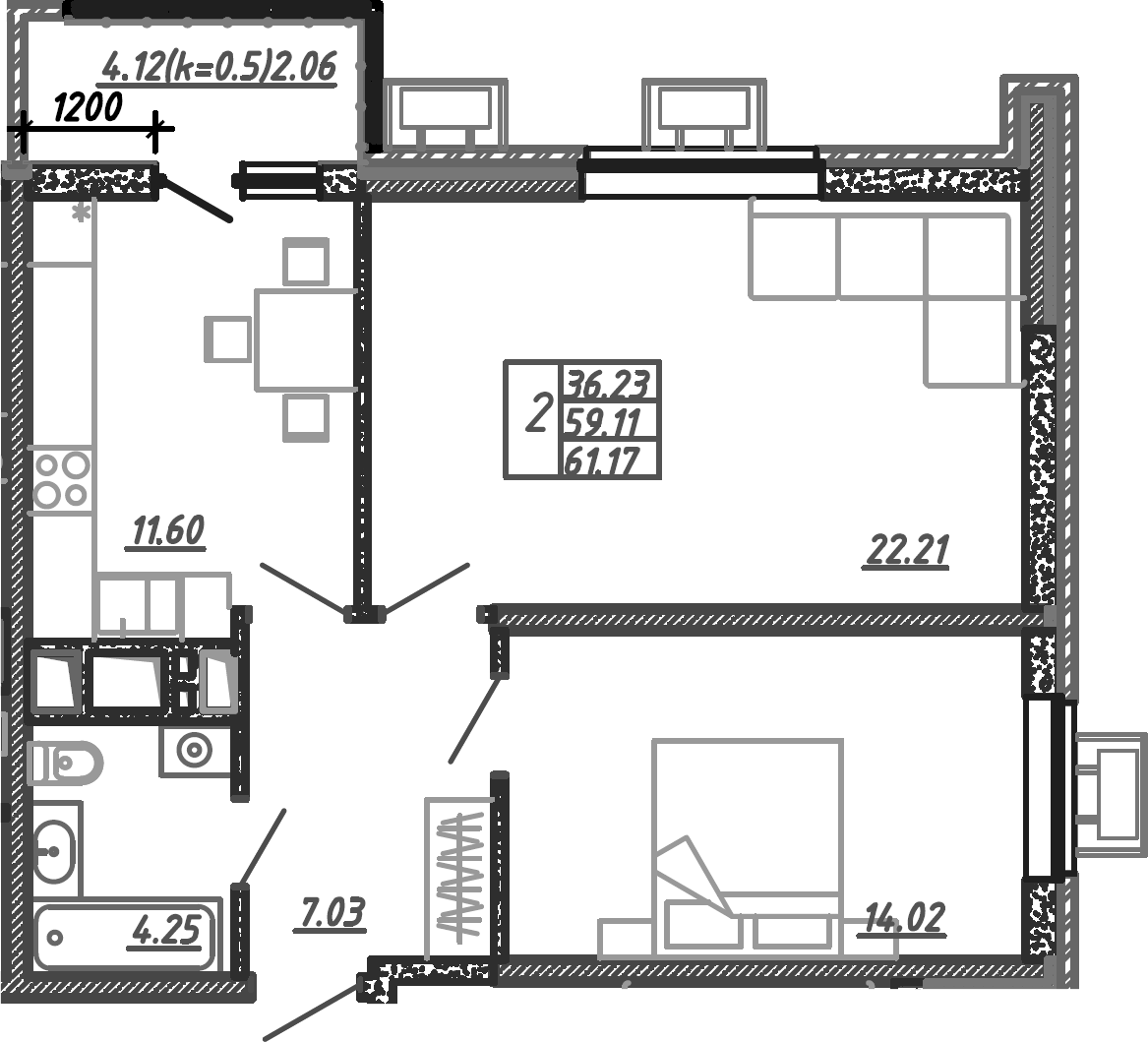 2-комн., 61.03 м², 20/24 этаж, ЖК «Родные Просторы»