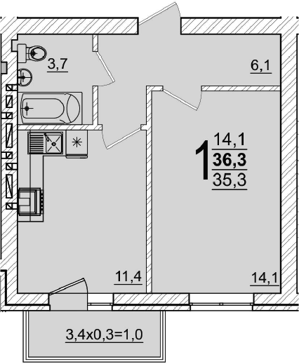 1-комн., 34.7 м², 5/5 этаж, ЖК «Дарград»