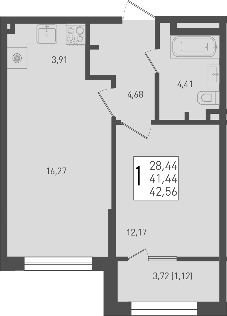 2-комн., 41.44 м², 1/9 этаж, ЖК «Югге»