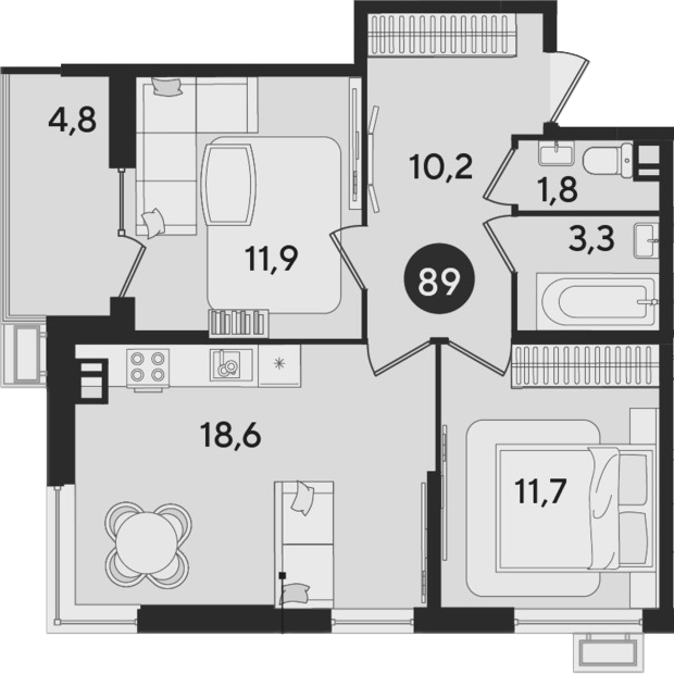 3-комн., 57.5 м², 5/9 этаж, ЖК «Парк Победы»