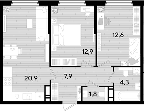 2-комн., 60.4 м², 13/16 этаж, ЖК «DОГМА ПАРК»