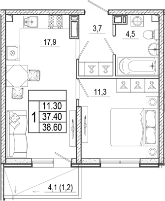 2-комн., 37.4 м², 4/15 этаж, ЖК «Лестория»