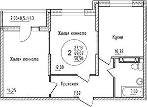 2-комн., 49.07 м², 10/16 этаж, ЖК «Друг»
