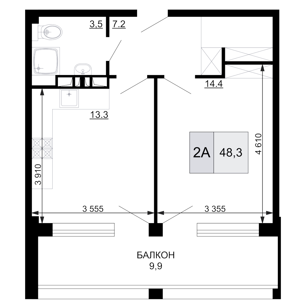2-комн., 38.4 м², 2/9 этаж, ЖК «Гостиничный комплекс Мореград»