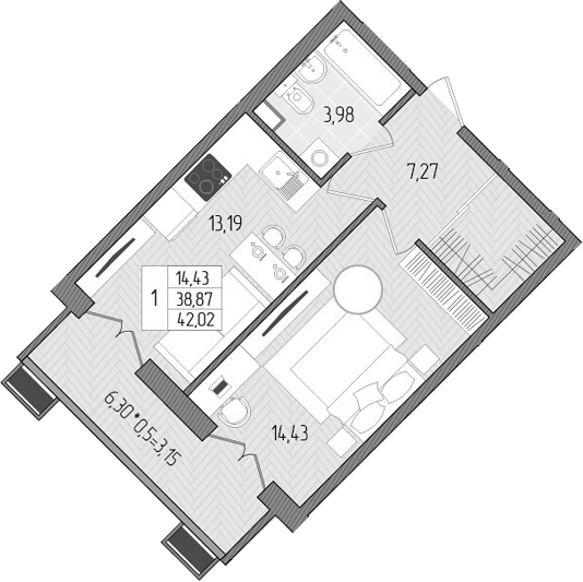 1-комн., 38.87 м², 1/8 этаж, ЖК «Сады у моря»