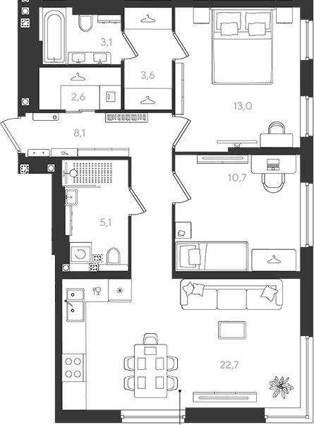 2-комн., 68.9 м², 2/18 этаж, ЖК «Самолет»