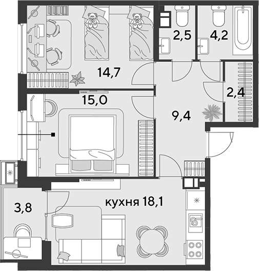 3-комн., 66.3 м², 5/9 этаж, ЖК «Парк Победы»