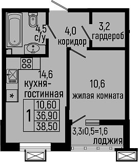 1-комн., 36.9 м², 2/11 этаж, ЖК «Звезды»