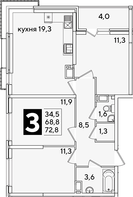 4+ комнаты, 68.8 м², 10/16 этаж, ЖК «Самолет»