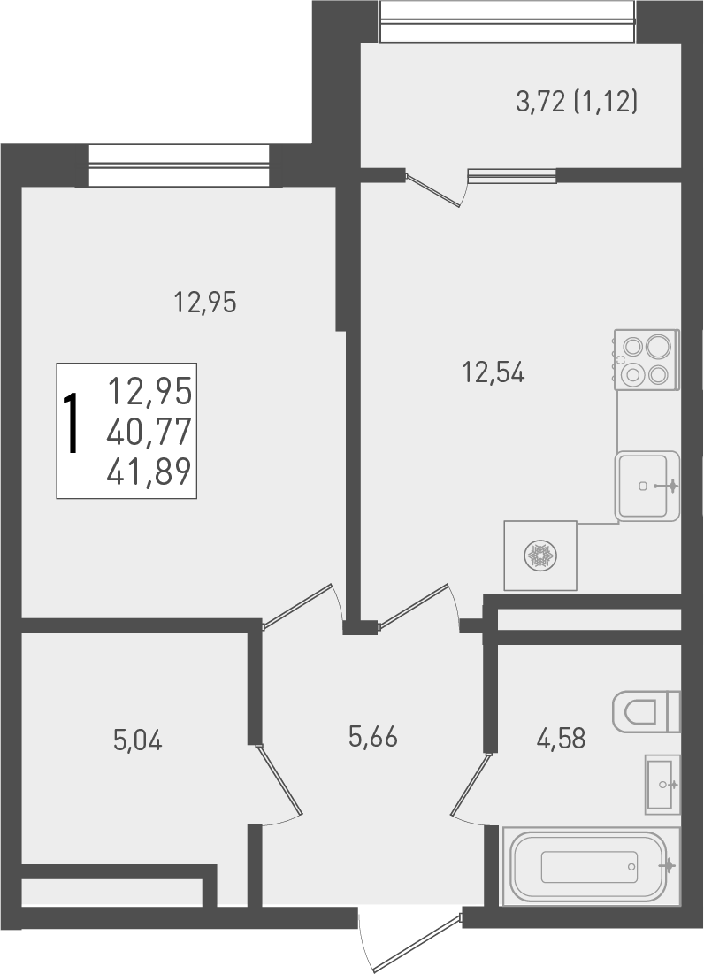 1-комн., 40.77 м², 4/9 этаж, ЖК «Югге»