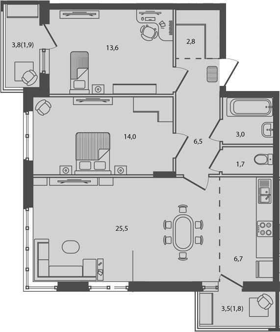 3-комн., 73.8 м², 9/9 этаж, ЖК «Сиреневый бульвар»