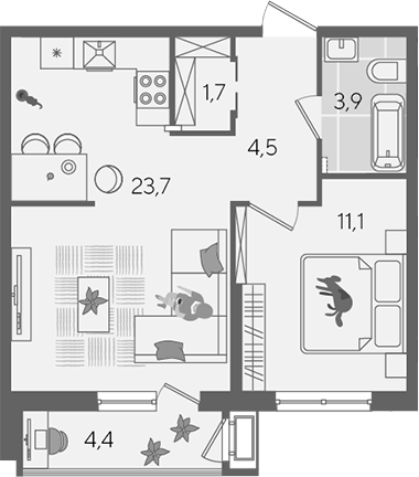 2-комн., 44.9 м², 2/24 этаж, ЖК «Рекорд»