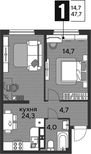 1-комн., 47.7 м², 11/16 этаж, ЖК «DОГМА ПАРК»