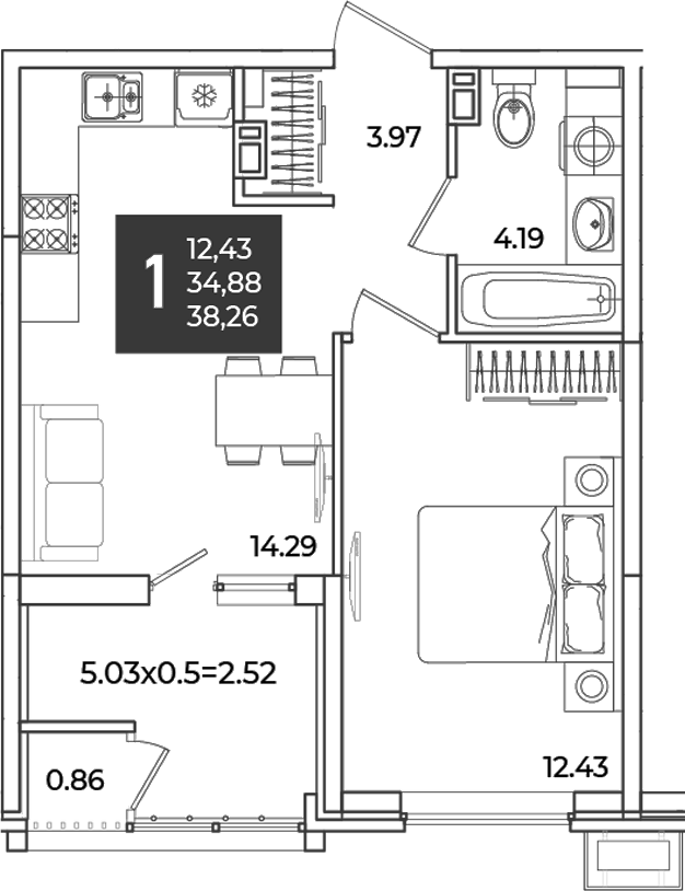 1-комн., 34.88 м², 5/18 этаж, ЖК «Образцово»