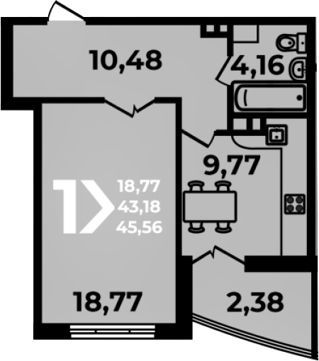 1-комн., 43.18 м², 11/19 этаж, ЖК «Аксиома»