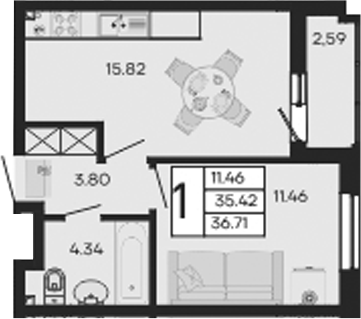 Продается 1-комн. квартира, 35.41 м²