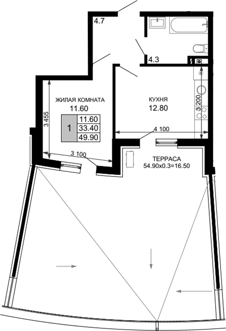 1-комн., 33.4 м², 2/18 этаж, ЖК «Фонтаны»